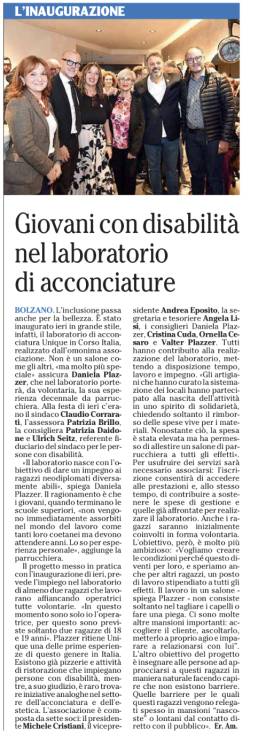 Artikel der Tageszeitung Alto Adige &uuml;ber die Er&ouml;ffnung des Friseursalons Unique in Bozen